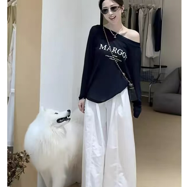 休闲慵懒风套装女夏季2025新款字母印花长袖T恤阔腿裤子两件套ins