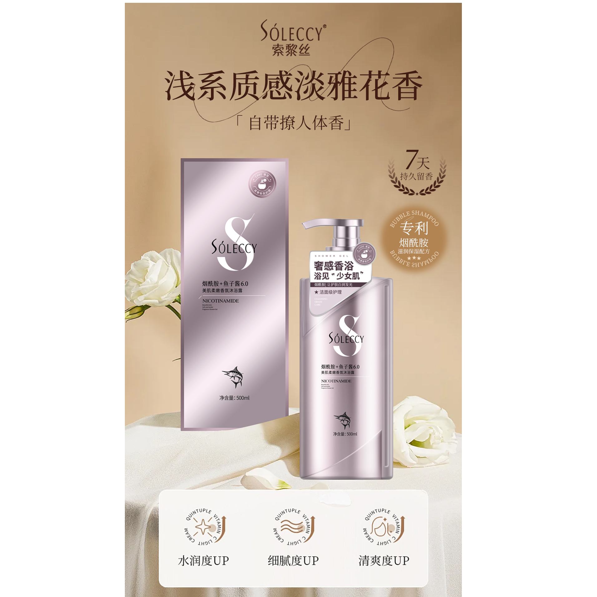 SOLECCY索黎丝(烟酰胺+鱼子酱6.0)美肌柔嫩香氛沐浴露留香持久