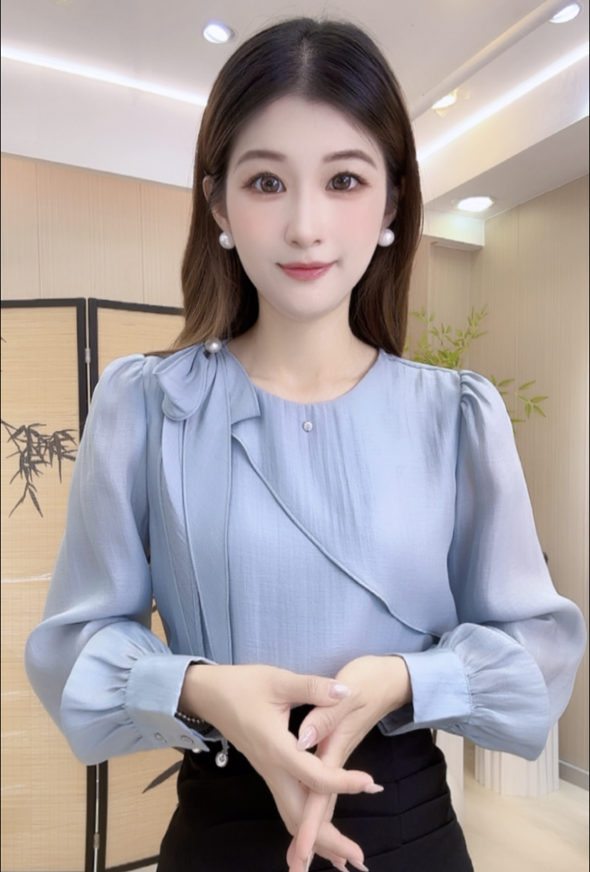 2025秋季新款法式飘带蝴蝶结长袖衬衫女士高级感轻奢垂感衬衣