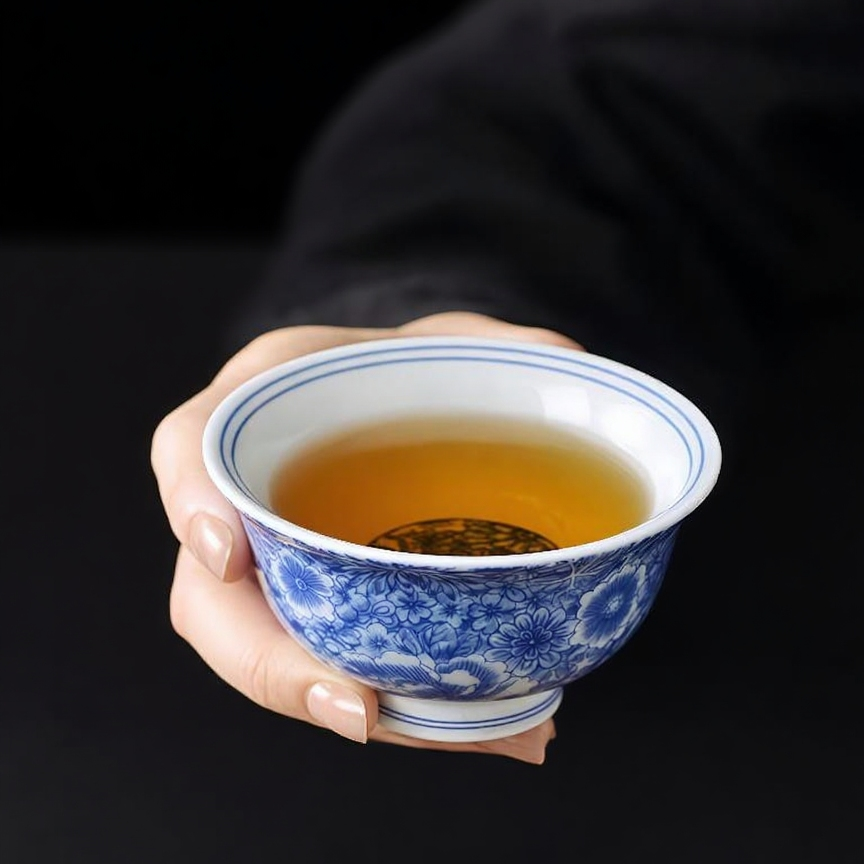 景德镇陶瓷手工制作青花万花图案大号压手杯家用功夫茶杯主人杯