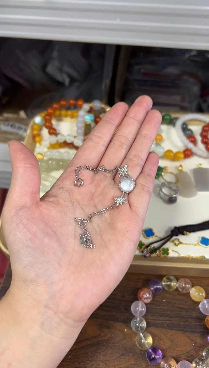 未镶嵌手链石英质玉水沫蛋面星星款银色托手链[2791]