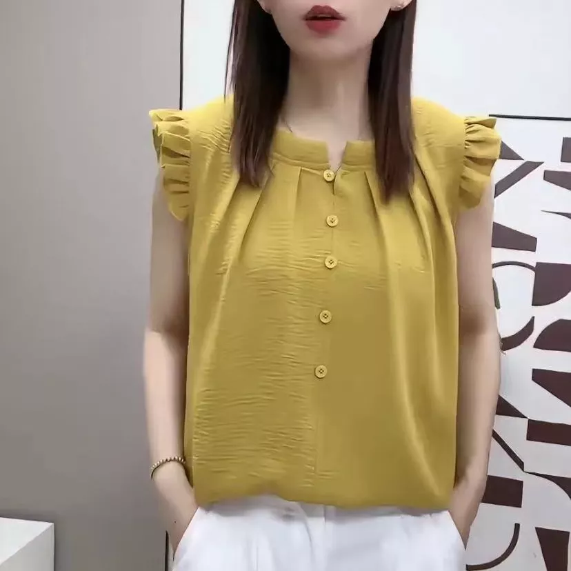 夏季新品法式荷叶边飞飞袖显瘦百搭韩系娃娃衫上衣女减龄甜美衬衫