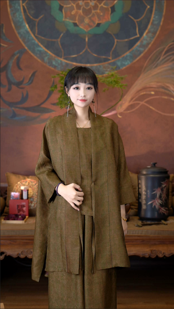 爱上莲心茶人绿檀风衣设计款 新中式老钱风复古传统中国风
