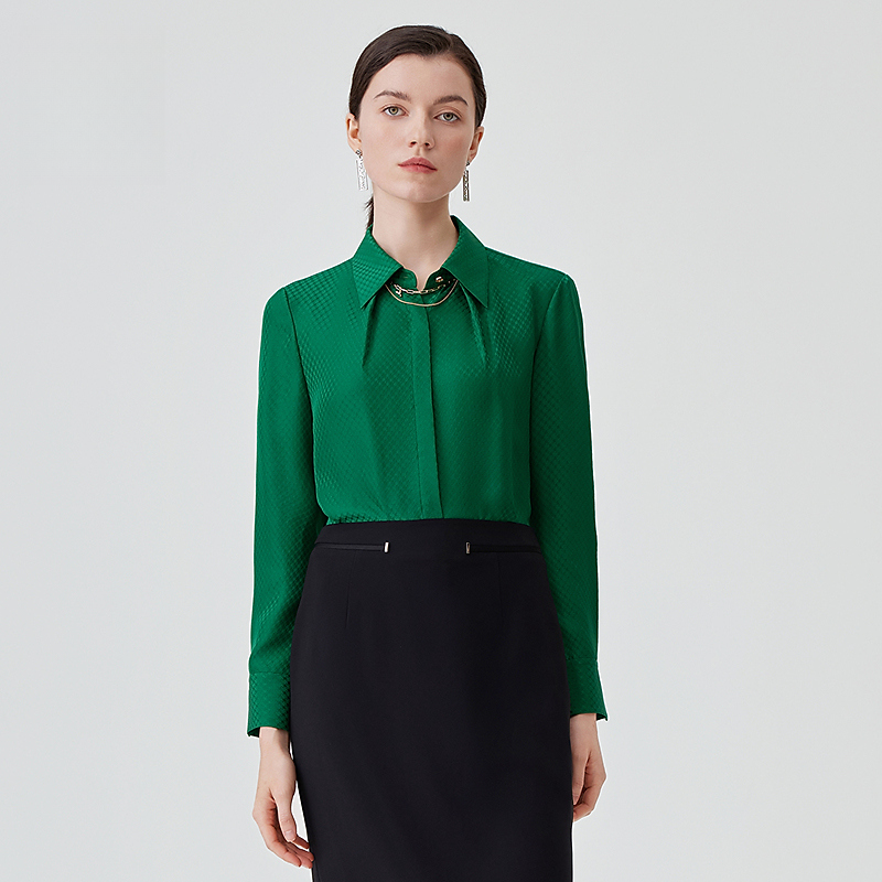 【晨粉专享价】赢智尚绿色千鸟格真丝提花复古显白衬衫女ZE00900