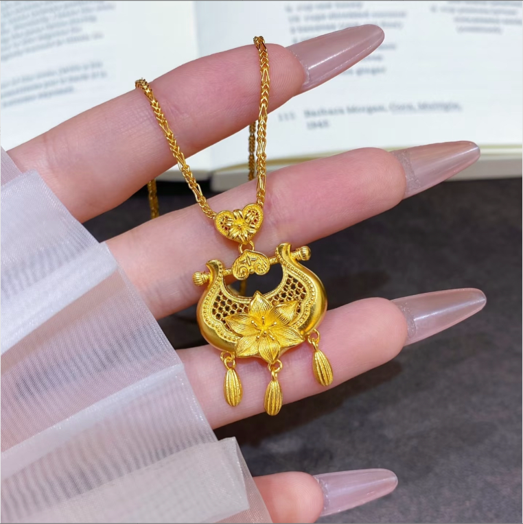 铜合金项链 百合如意锁包吊坠新中式国风项链时尚百搭