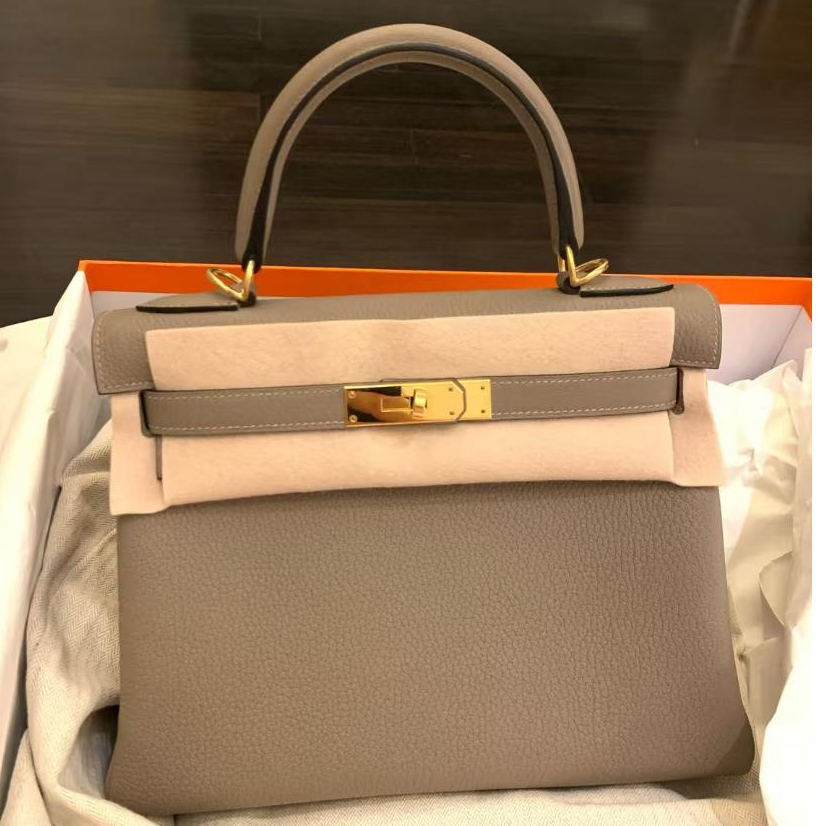 99新 Hermes/爱马仕 小花6枫Kelly 28 银河灰 Togo皮 A刻 金扣包