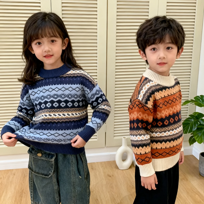  儿童秋冬新款2025复古时尚风圆领男女童潮款中大童百搭款