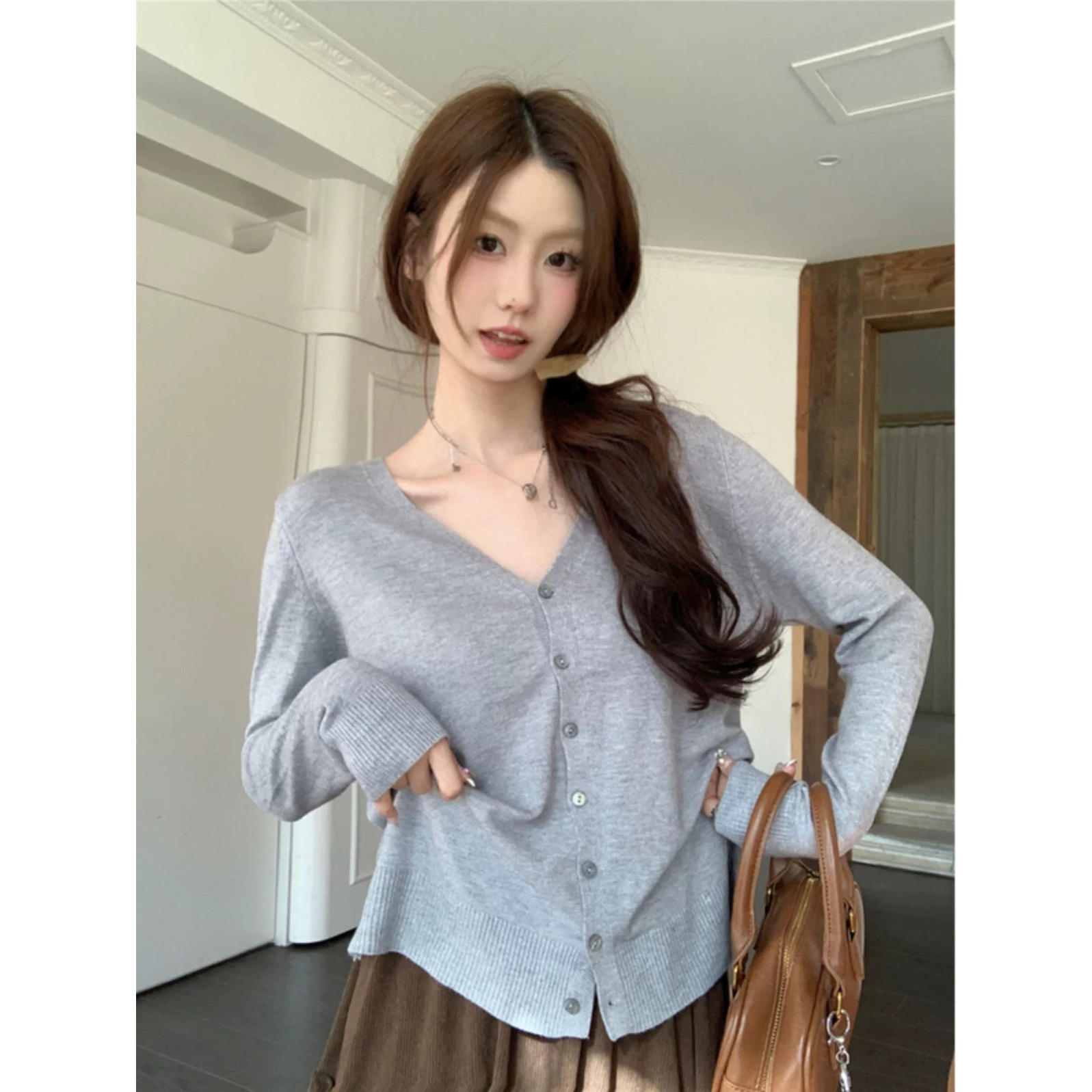 B3OB66843#灰色长袖针织衫早秋新款慵懒风开衫外搭V领T恤毛衣外套
