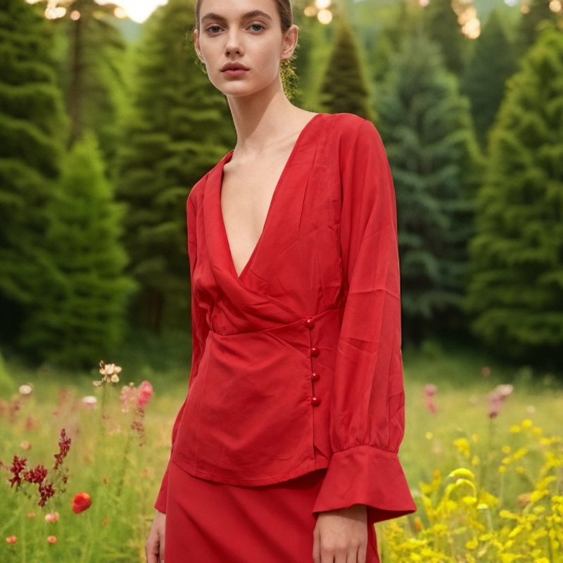 女士上衣外贸红色外套薄款大V领性感舒适