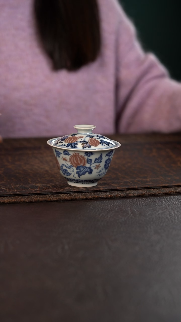 【闪购商品】杯声华堂青花釉里红瓜纹盖碗