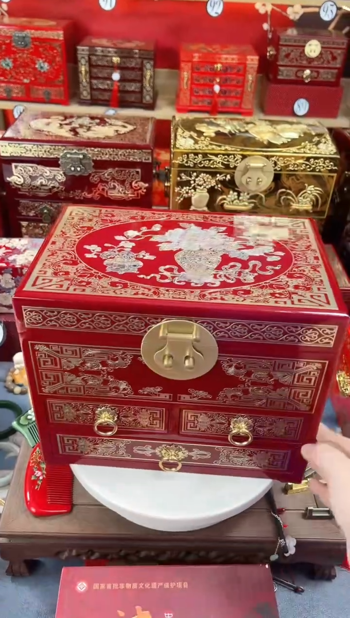 【闪购商品】 28厘米四层双抽掐丝螺钿镶酒红铜扣平安