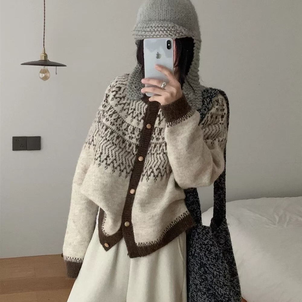 原宿风针织提花厚款毛针织衫复古费尔岛拼色宽松2025秋冬针织毛衣