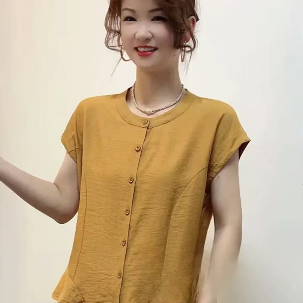 夏季时尚百搭常规小衫休闲休闲风纯色圆领中老年女装0629