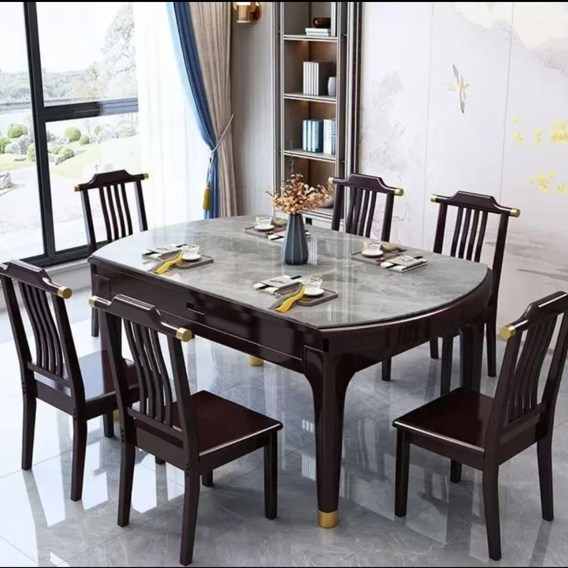 【双十二】新中式实木岩板餐桌方圆两用可伸缩折叠家用餐桌椅组合