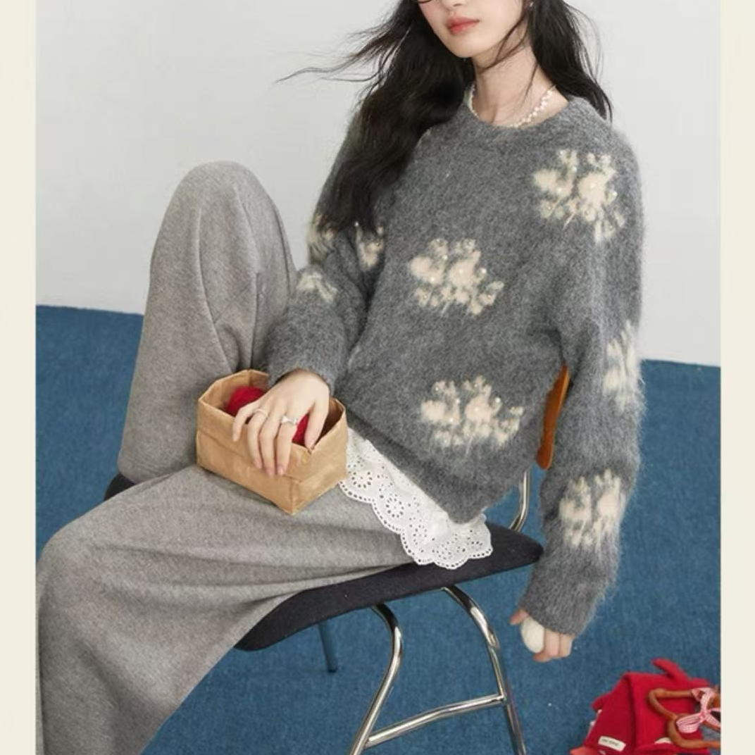 TUBREIT/图百年重工提花工艺法式毛衣羊毛长袖显瘦圆领上衣女秋冬