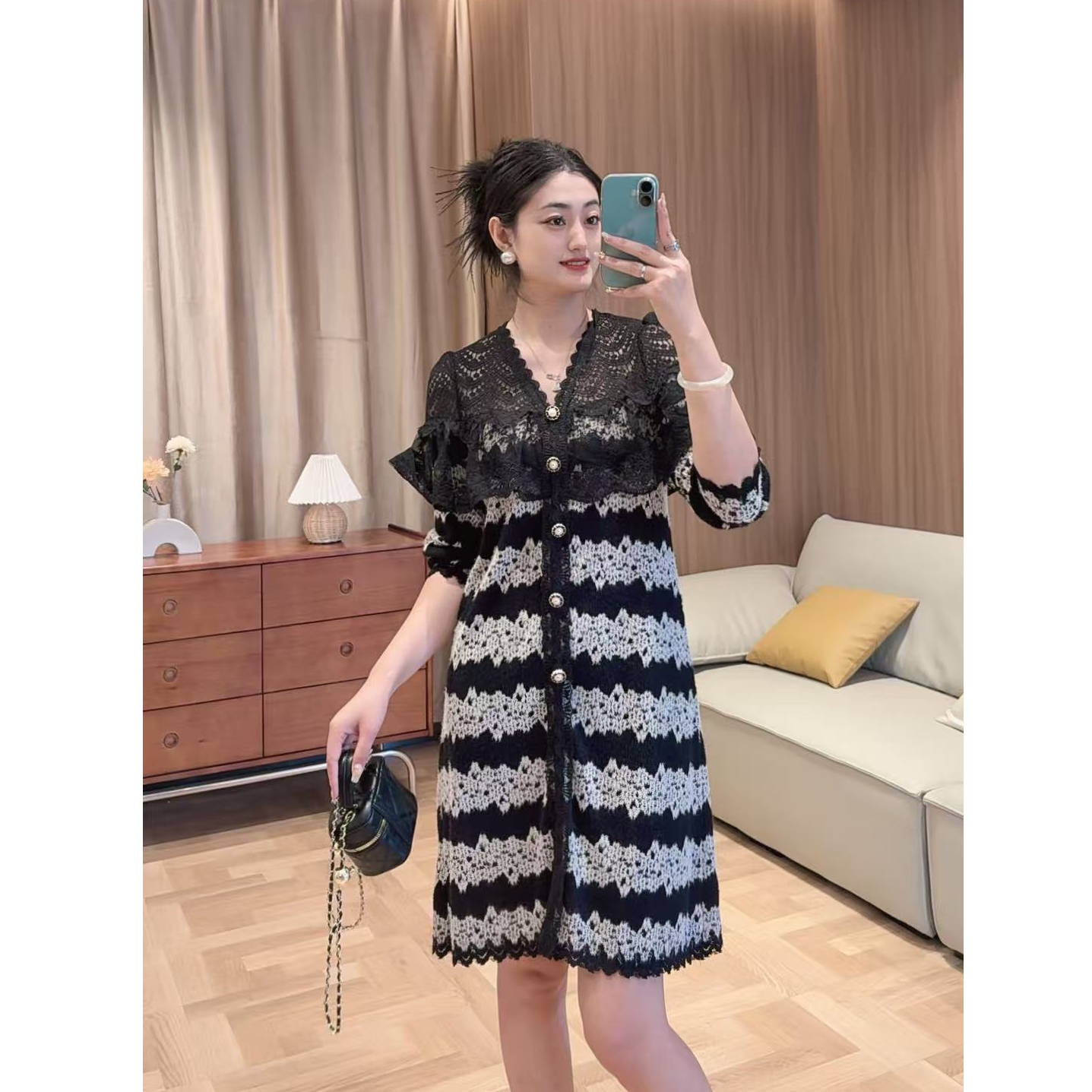 3527-1秋季千鸟格香风定制大码新款百搭V领时尚显瘦连衣裙