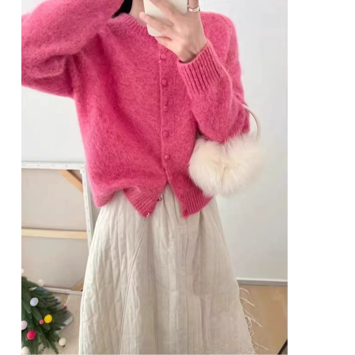 树莓粉圆领软糯设计感毛衣外套女春秋新款外套针织开衫上衣