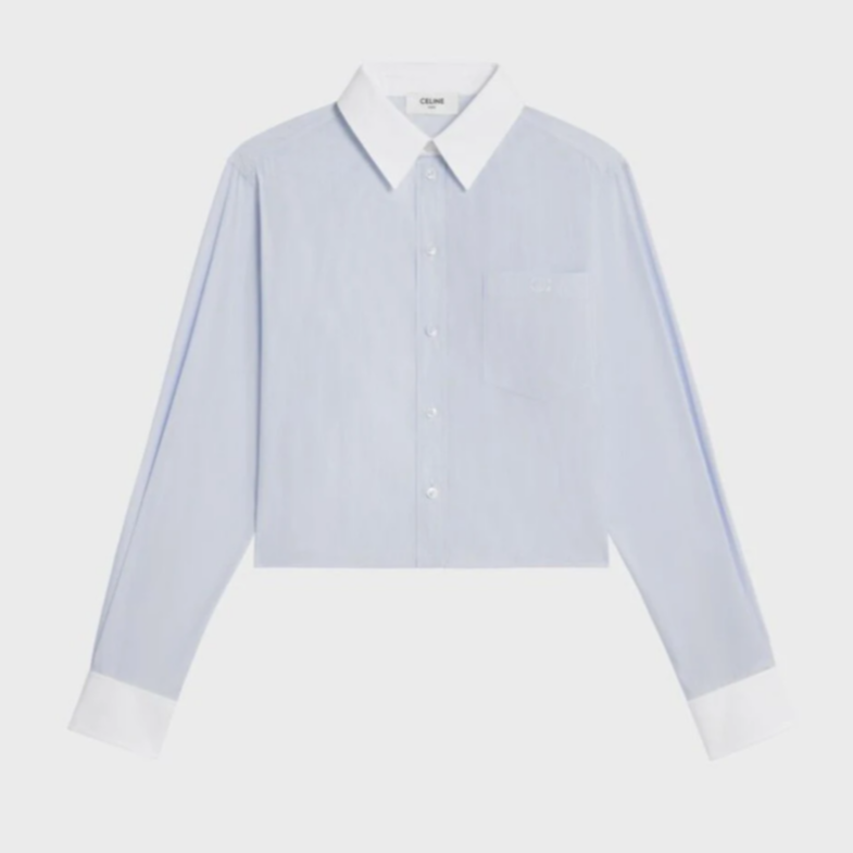 未使用 Celine/思琳 汤/P235704610/蓝色竖纹刺绣凯旋门衬衫 40