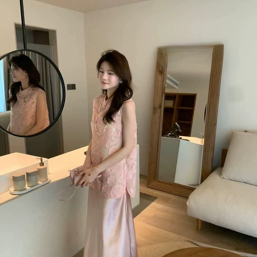 【甜心宝贝】立领盘扣无袖衬衫上衣重工刺绣新中式旗袍小衫马甲女