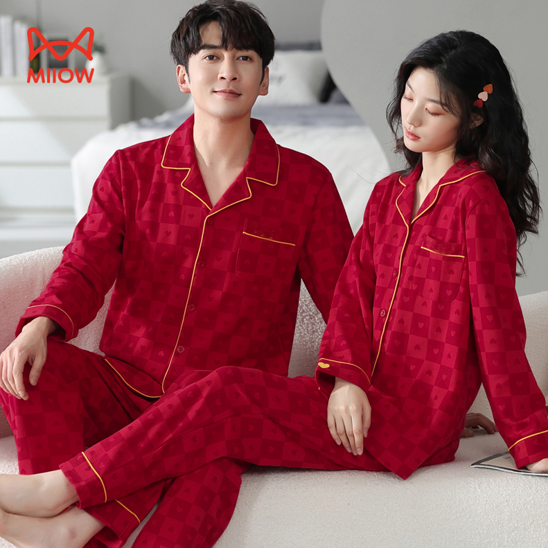 MiiOW/猫人棉质新婚喜庆情侣款红色印花大码宽松长袖家居服睡衣