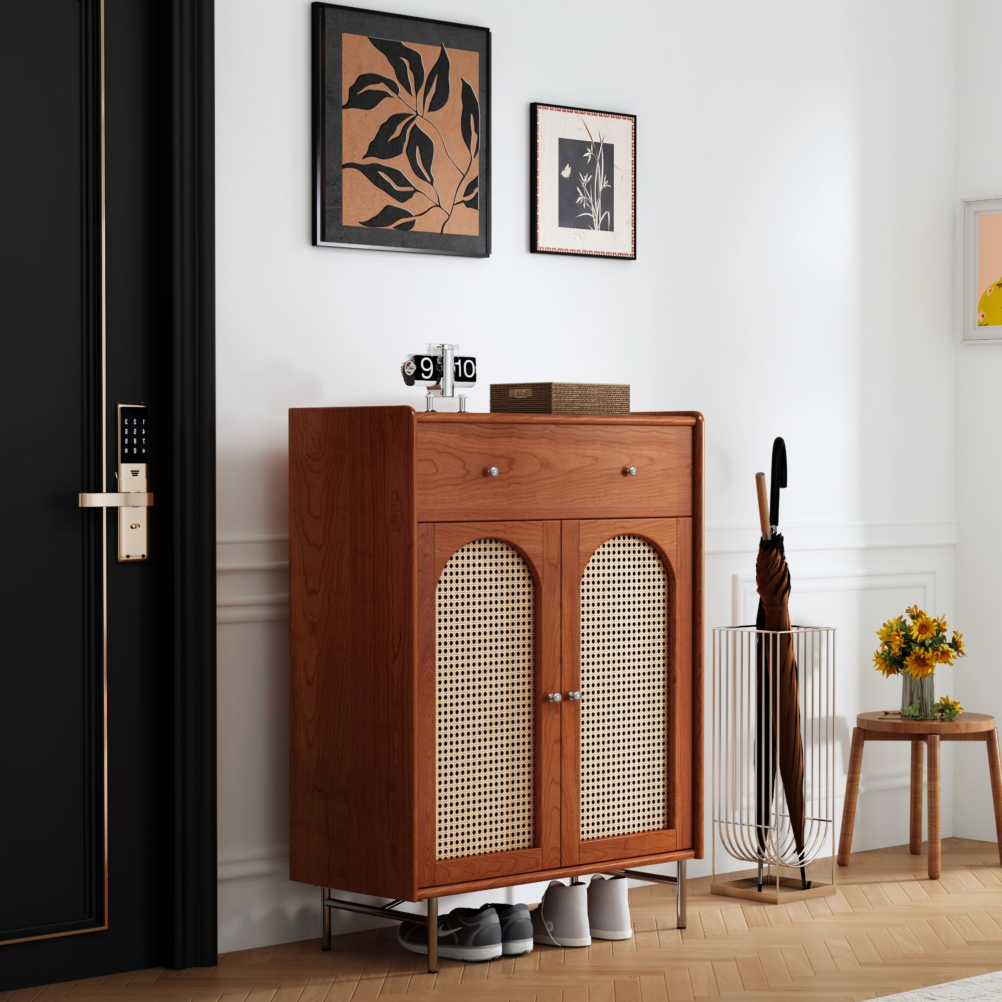 中古风鞋柜法式复古白蜡木实木客厅入户玄关柜美式复古鞋架收纳柜