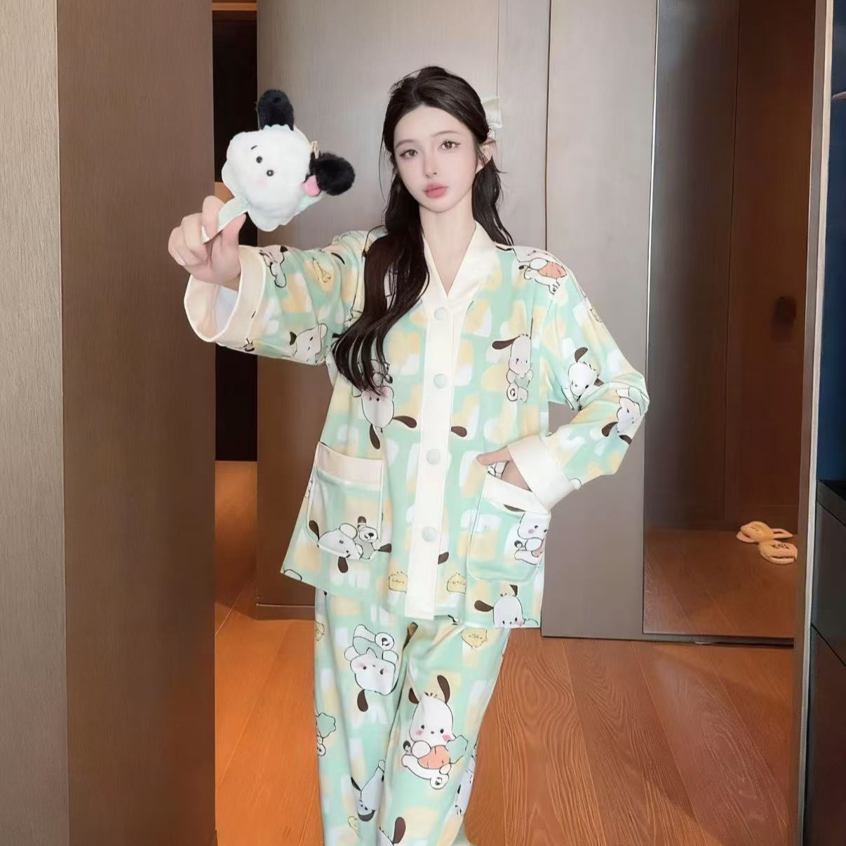 【绿色帕恰狗】海岛绒情侣睡衣宽松春秋季睡衣加绒女甜美家居服