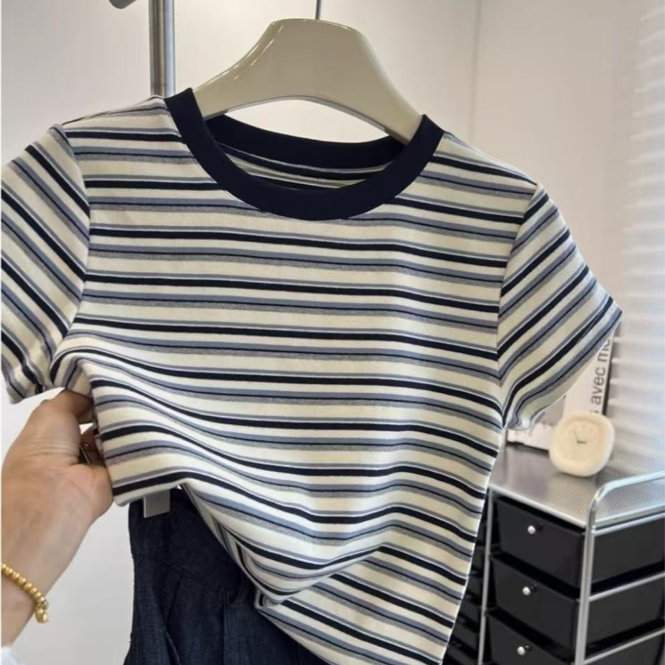 女士圆领撞色条纹正肩短袖T恤女夏季显瘦时尚百搭洋气休闲上衣887