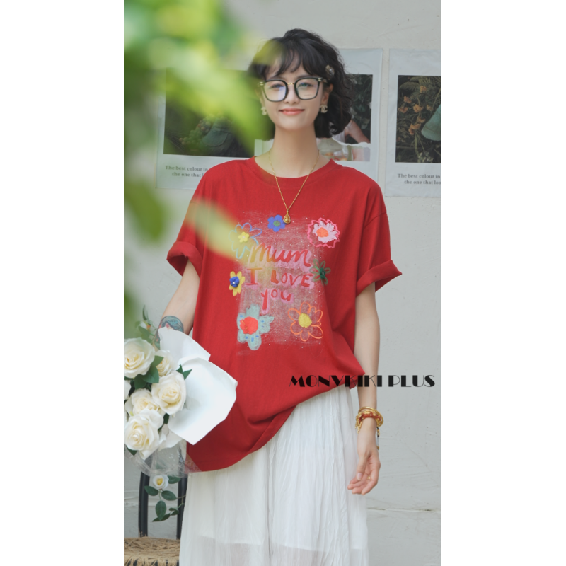 MoNvKiKiPlus9”太阳花系“大码微胖休闲百搭宽松圆领情侣T恤#C17