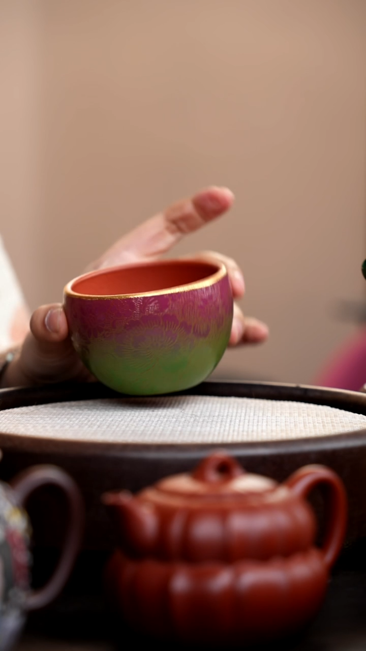 茶壶紫砂扒花大碗杯红绿色
