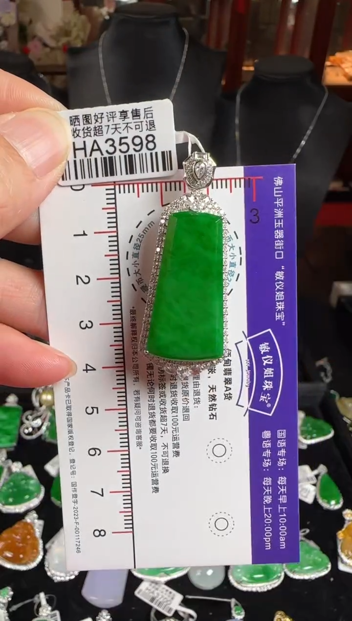 颈饰18K金镶嵌翡翠HA3598冰辣绿无事牌