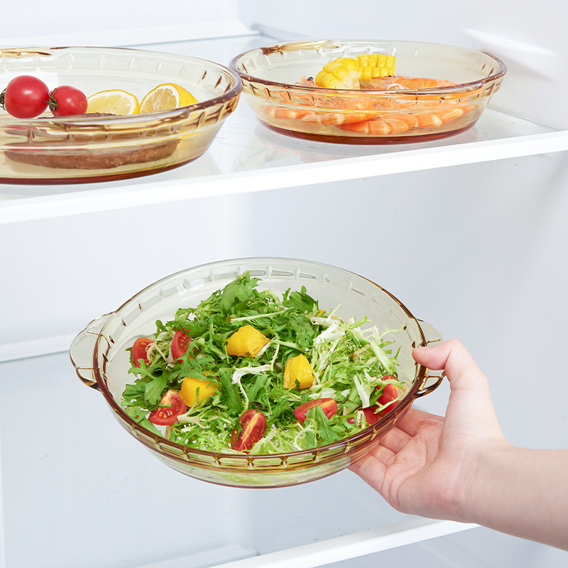8英寸双耳防烫手菜盘微波炉烤箱蒸锅专用高硼硅玻璃琥珀色深盘