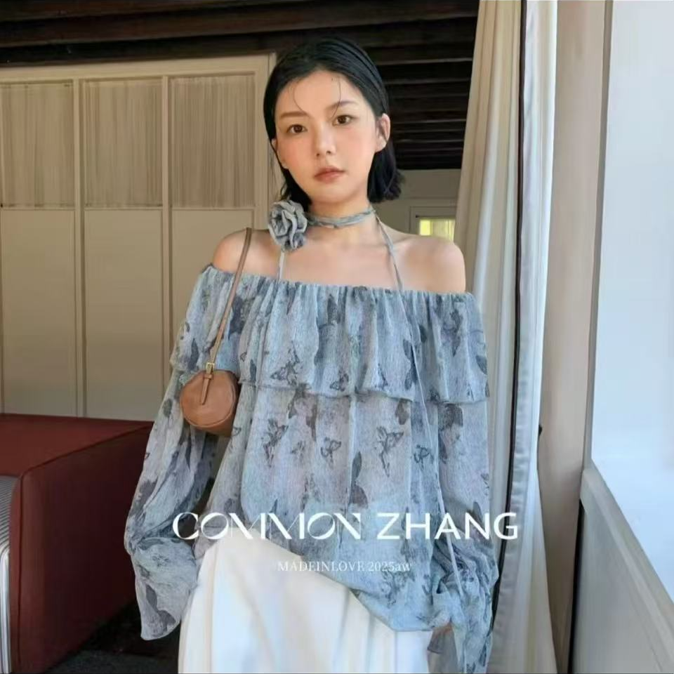蒙蒙家*早秋薄款宽松型碎花一字领衬衫气质露肩长袖上衣