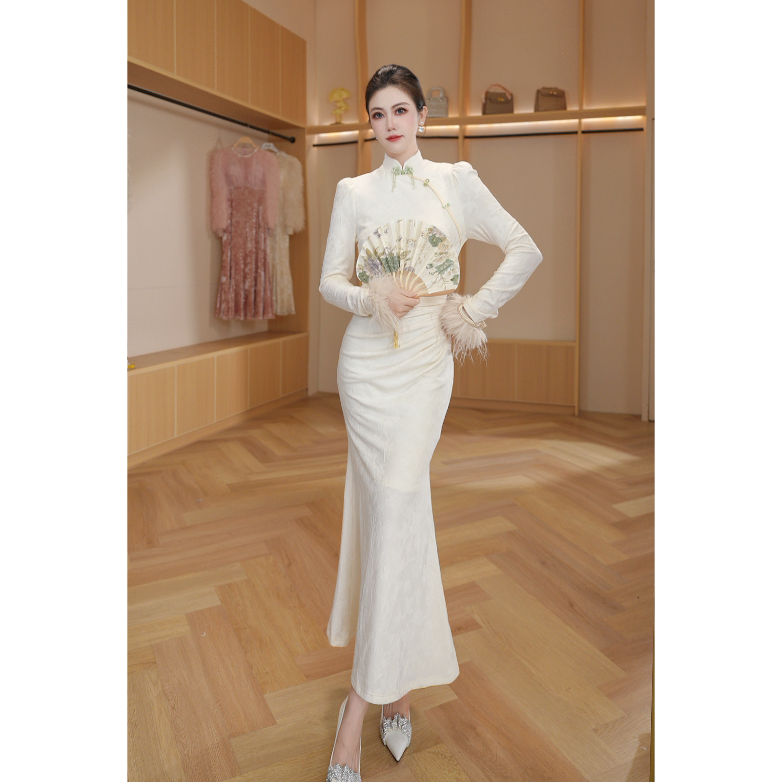 琼仪原创『清风白茶』秋季国风改良加绒旗袍优雅绝美连衣裙70215