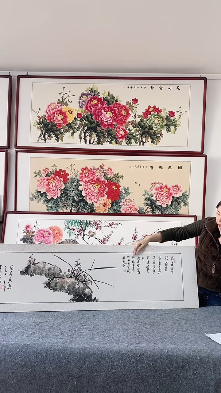 国画纯手绘国画165*50带框装饰挂画