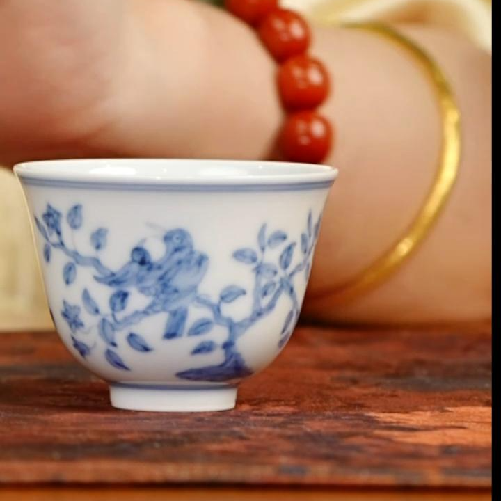 【小乔赏瓷】 望月怀古 景德镇手工手绘青花花鸟杯