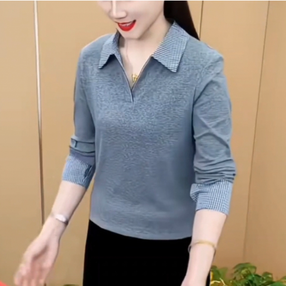 9124#薄绒polo衫格子翻领衬衫长袖上衣秋冬新款洋气T恤纯色打底