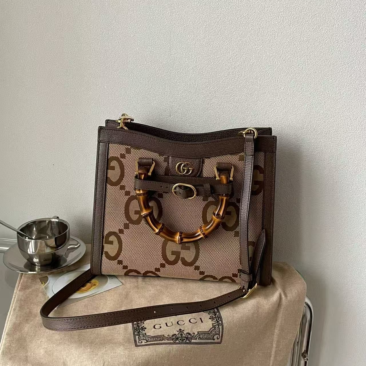 95新 GUCCI/古驰 GGS丨diana双G竹节小号托特单肩包/29885751