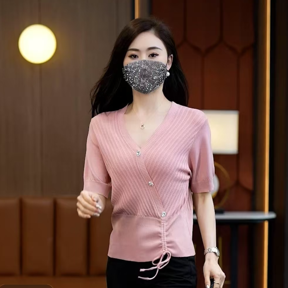 2269【衣长55】V领设计感抽绳薄款冰丝短袖T恤2025夏时尚别致显瘦