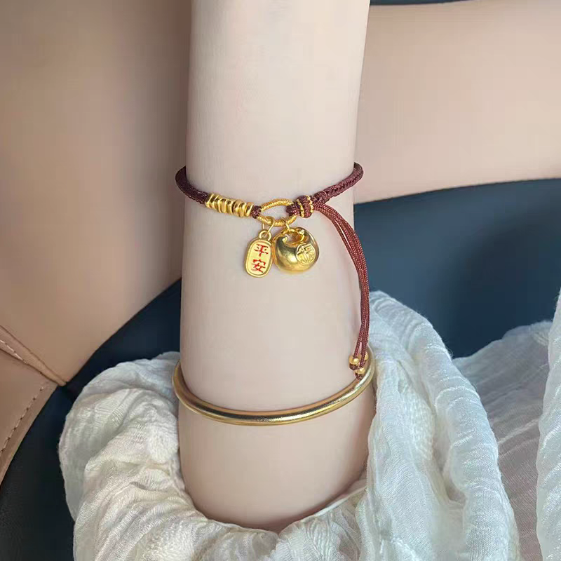 瑞诺黄金财神碎金棕绳手链足金999招财纳福手绳生日礼物送女友