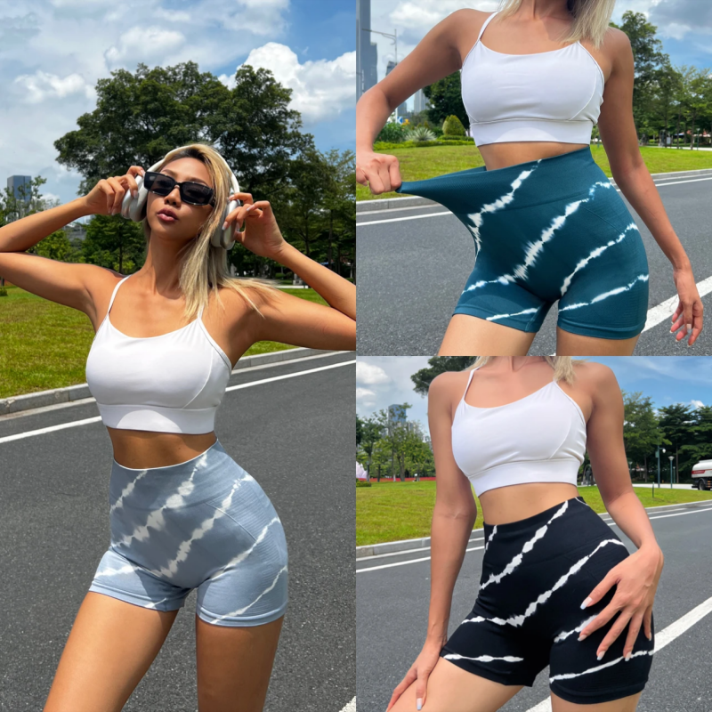 扎染瑜伽短裤女夏季无缝高腰弹性紧身提臀撸铁训练跑步健身裤外穿