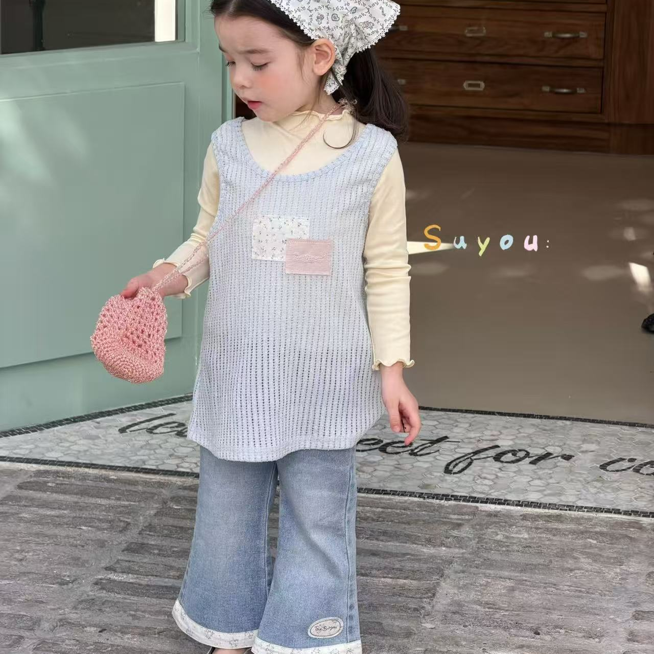 苏右·26春～奶黄色打底衫针织baby蓝背心裙微喇套装1158 1193（汉服