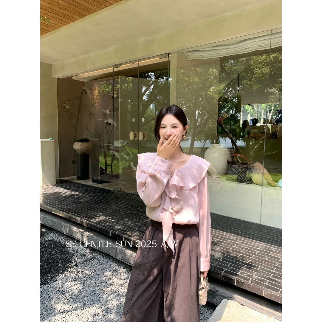 【三色】法式高级感荷叶边长袖衬衫秋季宽松显瘦百搭气质上衣