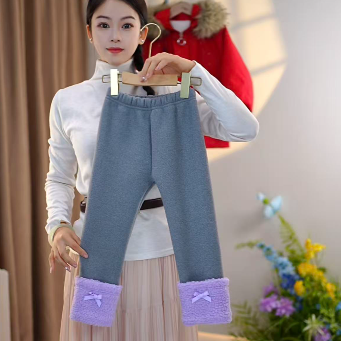 极寒新款紫色加绒蝴蝶结打底裤女童-7181#