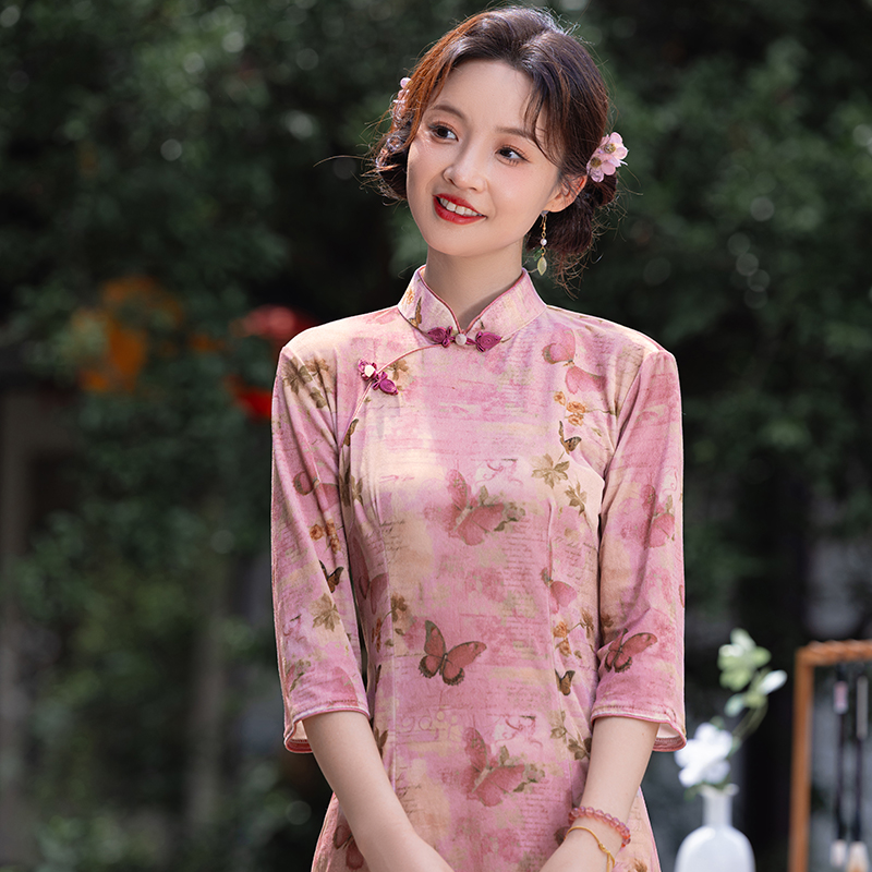 七分袖秋季旗袍复古中长裙优雅年轻少女复古港风日常气质连衣裙