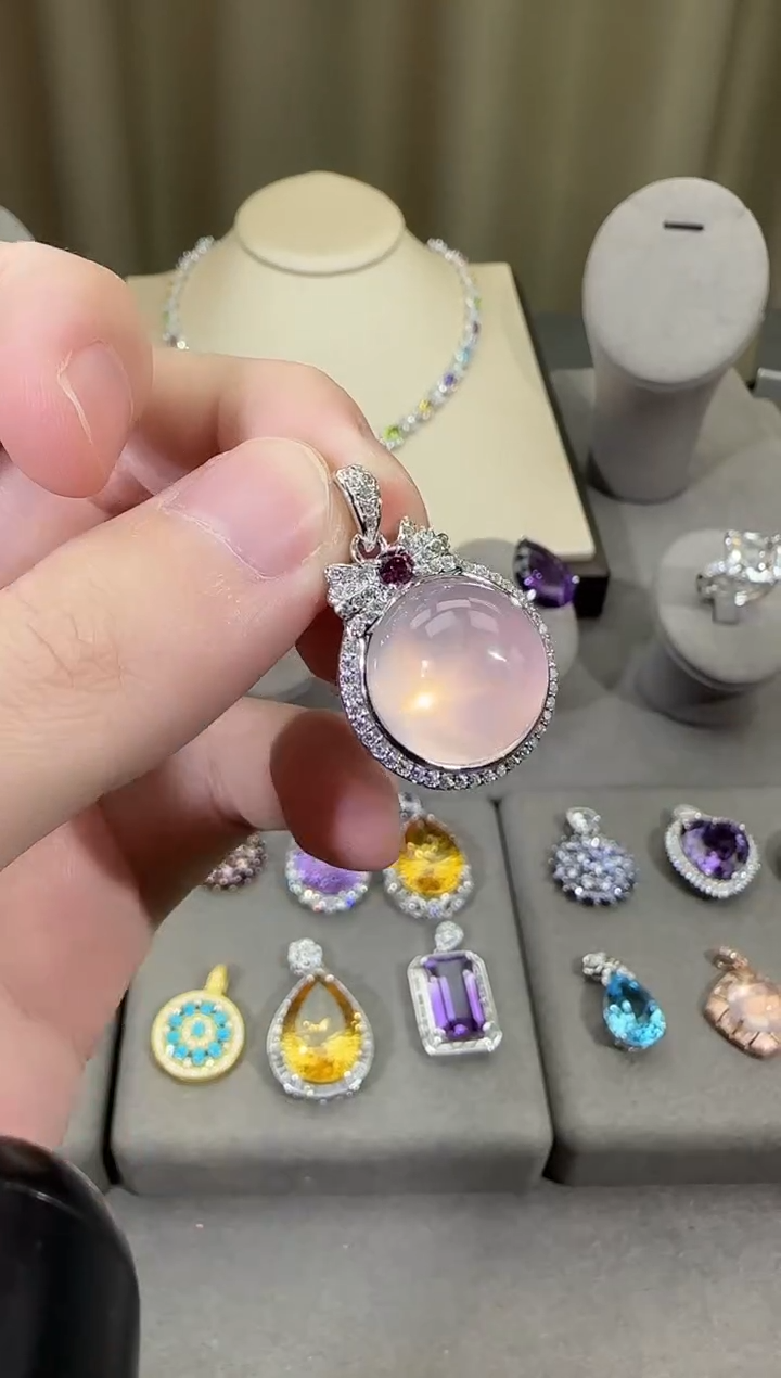 颈饰银S925镶嵌芙蓉石18mm吊坠星光粉水晶