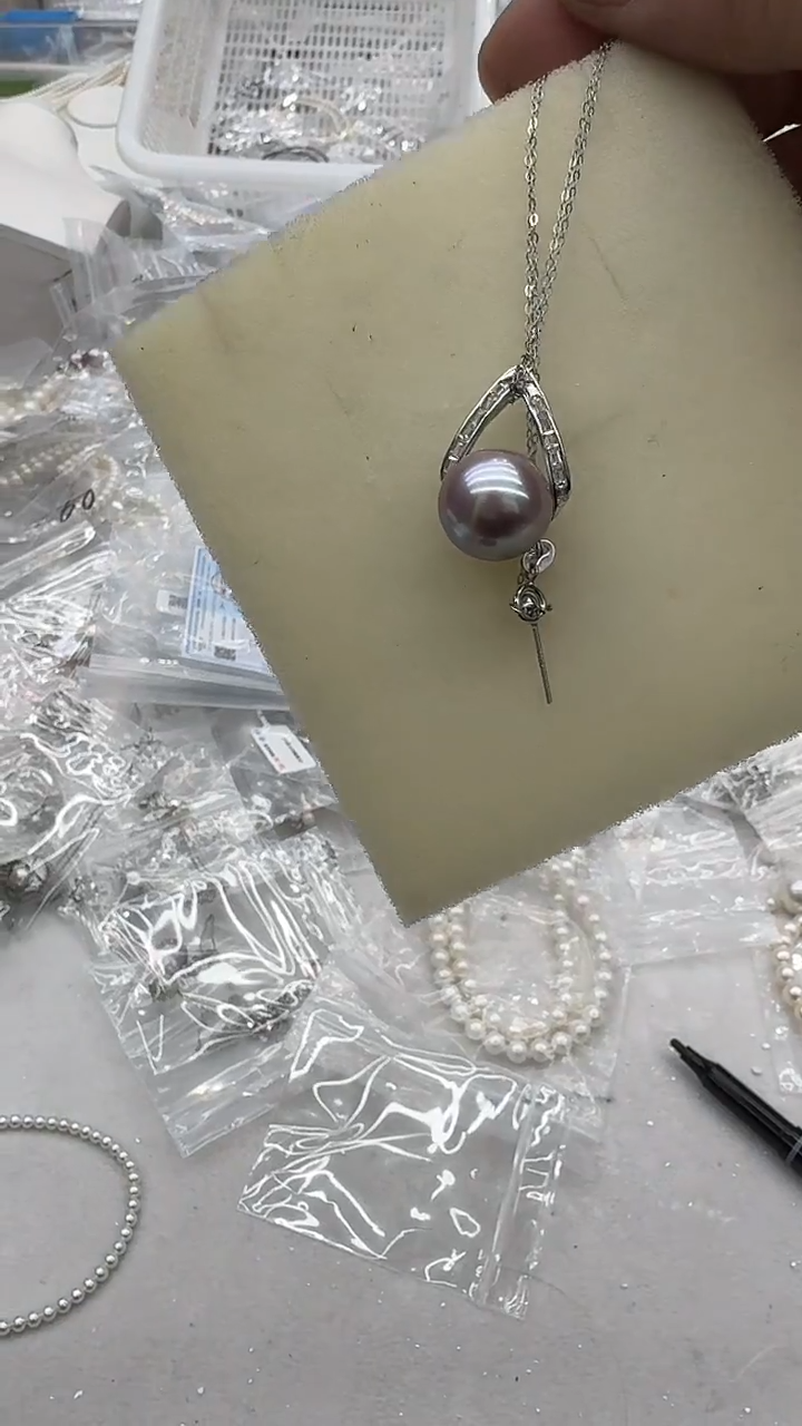 吊坠(赠链)银S925镶嵌淡水珍珠13mm 紫珠三角扣-孤品