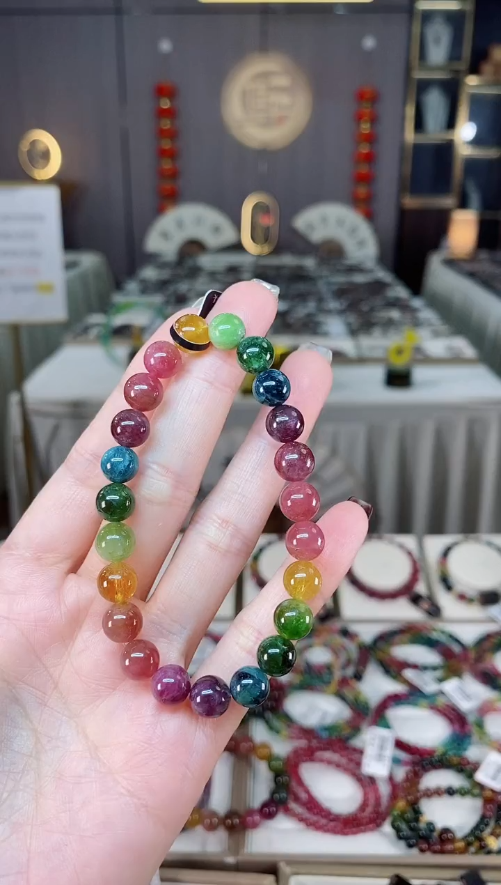 未镶嵌老矿碧玺色标彩虹单圈手串8mm+碧玺dan多样性发货一条