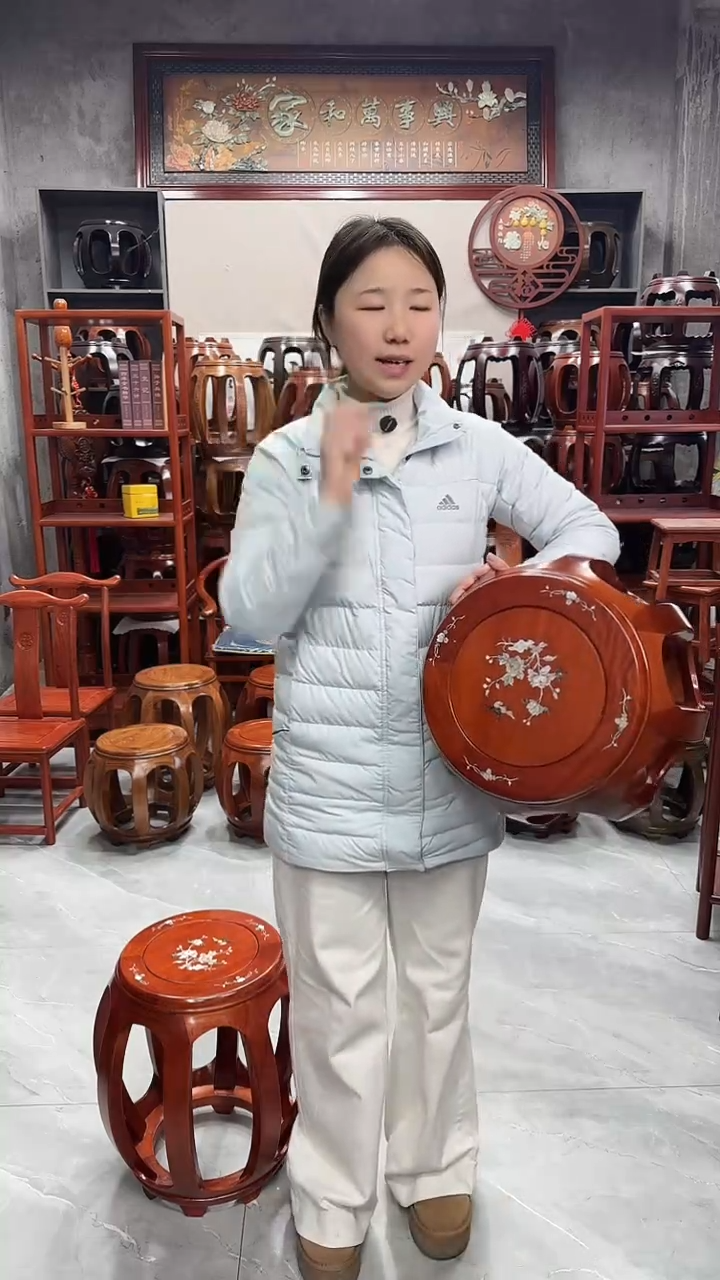 花梨木类家具花梨色印花小号鼓凳一对（两条）