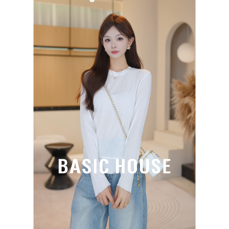Basic House/百家好秋季时尚休闲宽松纯白百搭打底衫B1195B5Z562