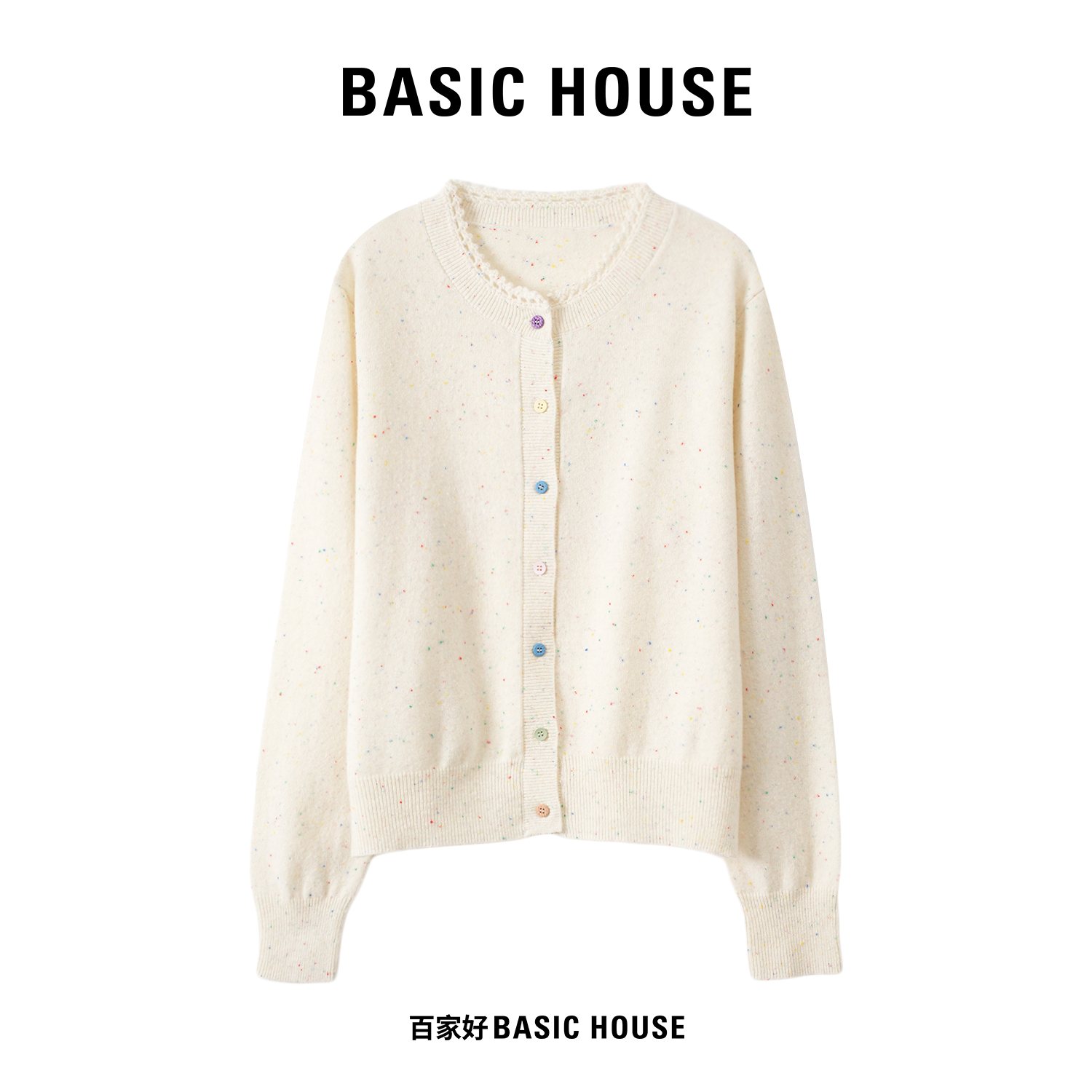 Basic House/百家好2025秋小香风彩纱提花圆领百搭针织衫P692 MM